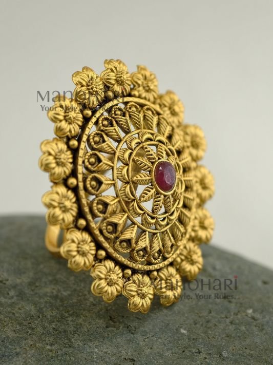 MN-RG-FLR-AAD-01_1 Aadhya Floral Grace adjustable ring with 4 cm floral face and antique gold finish for women