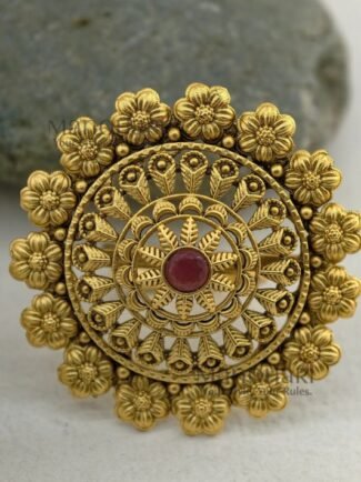 Aadhya Floral Grace adjustable ring with 4 cm floral face and antique gold finish for women