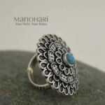 Aaradhya Stone Heritage Oxidised adjustable ring with 2.5 cm statement face and traditional stone design