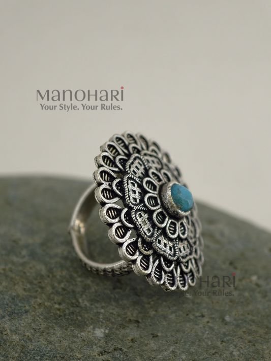MN-RG-OXI-AAR-02_1 Aaradhya Stone Heritage Oxidised adjustable ring with 2.5 cm statement face and traditional stone design