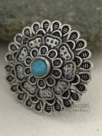 Aaradhya Stone Heritage Oxidised adjustable ring with 2.5 cm statement face and traditional stone design