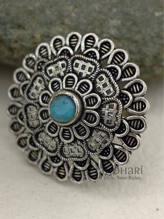 MN-RG-OXI-AAR-02_3 Aaradhya Stone Heritage Oxidised adjustable ring with 2.5 cm statement face and traditional stone design