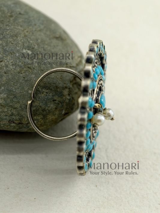 MN-RG-OXI-ANV-01_1 Anvika Pearl Heritage Oxidised adjustable ring with 4 cm pearl and stone work statement face for women