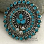 Anvika Pearl Heritage Oxidised adjustable ring with 4 cm pearl and stone work statement face for women