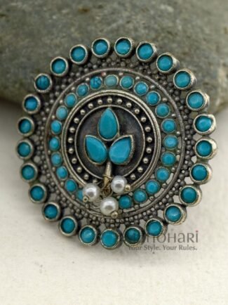 Anvika Pearl Heritage Oxidised adjustable ring with 4 cm pearl and stone work statement face for women