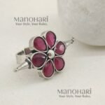 Navya Rose Bloom Oxidised adjustable ring with pink stone floral design and 2 cm face diameter