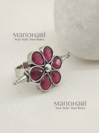 Navya Rose Bloom Oxidised adjustable ring with pink stone floral design and 2 cm face diameter