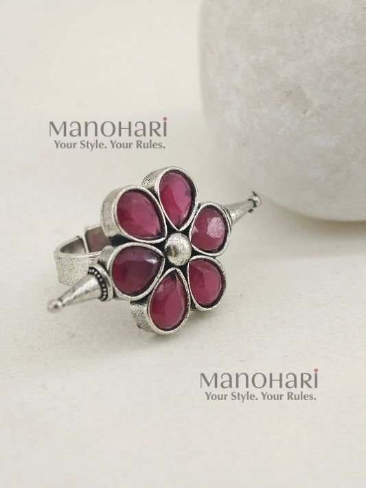MN-RG-OXI-NAV-02_1 Navya Rose Bloom Oxidised adjustable ring with pink stone floral design and 2 cm face diameter