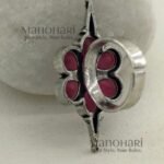 Navya Rose Bloom Oxidised adjustable ring with pink stone floral design and 2 cm face diameter