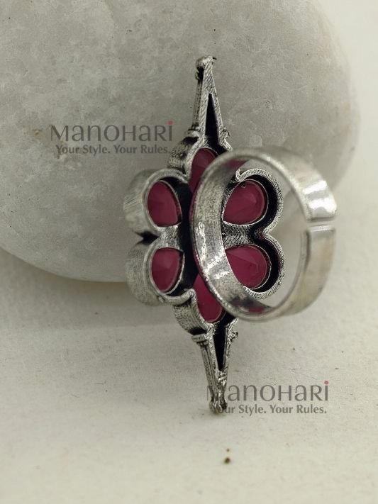 MN-RG-OXI-NAV-02_2 Navya Rose Bloom Oxidised adjustable ring with pink stone floral design and 2 cm face diameter
