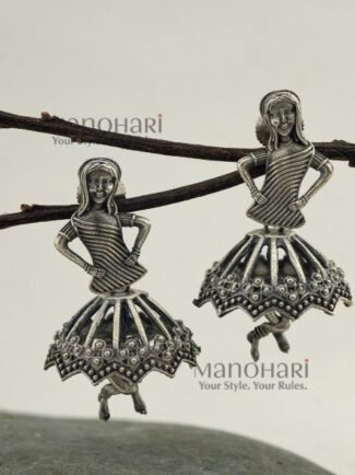Aaradhya Dancing Diva vintage oxidised silver jhumka earrings with 2 cm diameter and 4 cm length