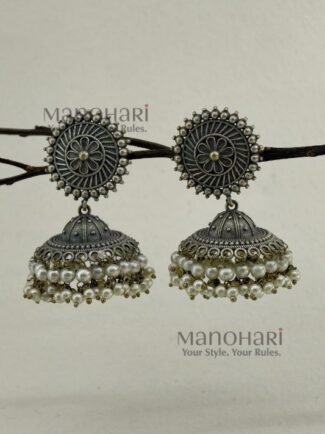 Nivara Beaded Heritage oxidised brass jhumka earrings with 5 cm length and 2.5 cm diameter