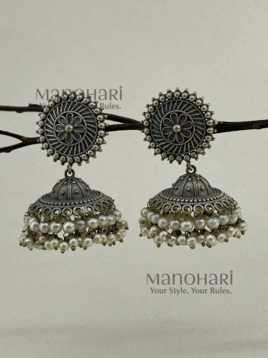 Nivara Beaded Heritage oxidised brass jhumka earrings with 5 cm length and 2.5 cm diameter