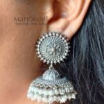Nivara Beaded Heritage oxidised brass jhumka earrings with 5 cm length and 2.5 cm diameter
