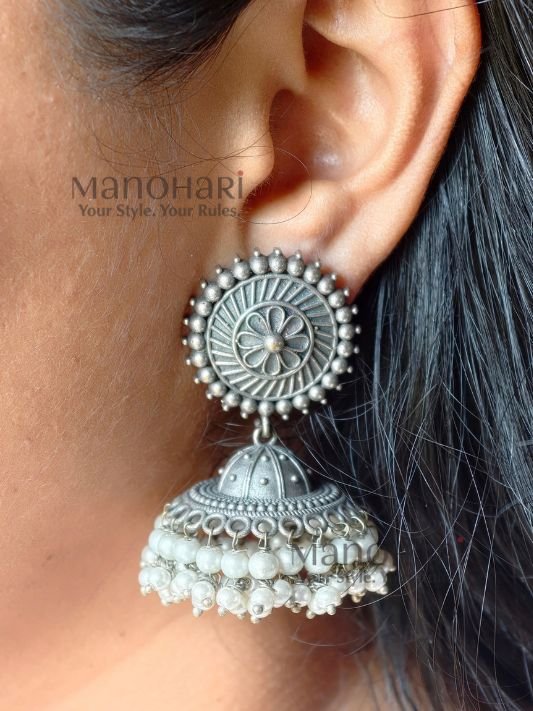 Nivara Beaded Heritage oxidised brass jhumka earrings with 5 cm length and 2.5 cm diameter