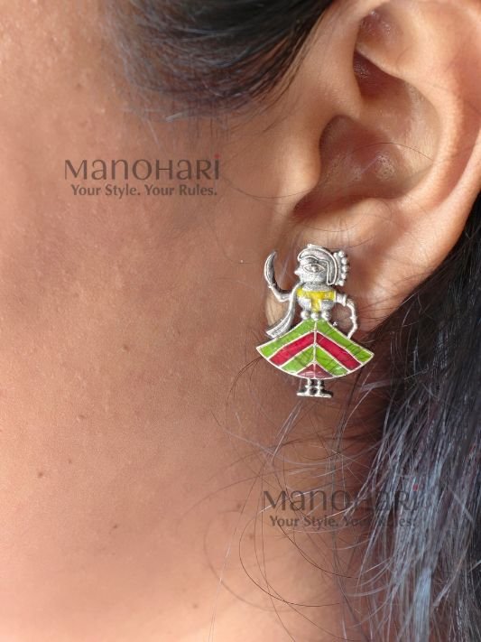 MN-ER-STU-PIY-01_3 Piya Handpainted Heritage Bloom mismatched stud earrings featuring a girl's face and a colourful toy-inspired design